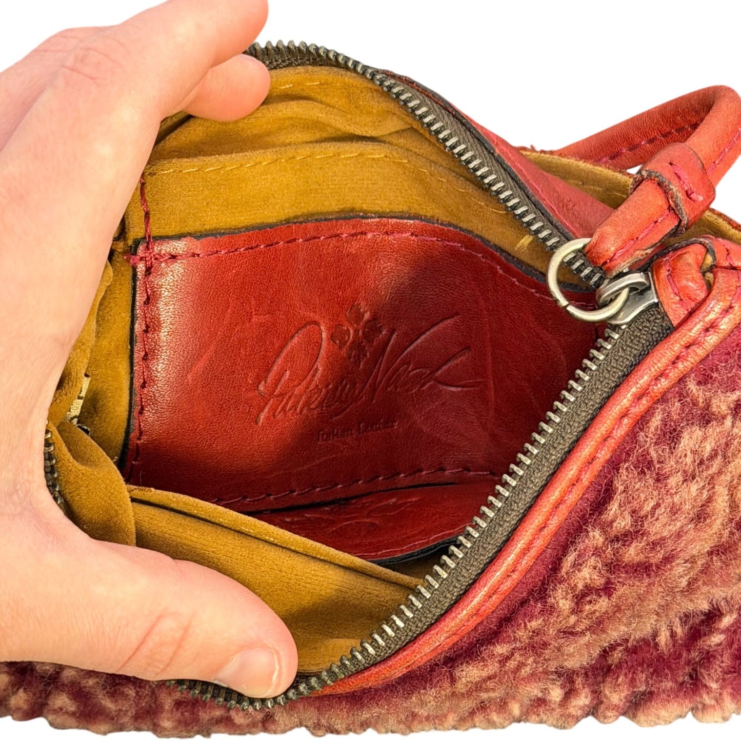 Patricia Nash Red Shearling & Leather Wristlet With Pom-Pom Accent