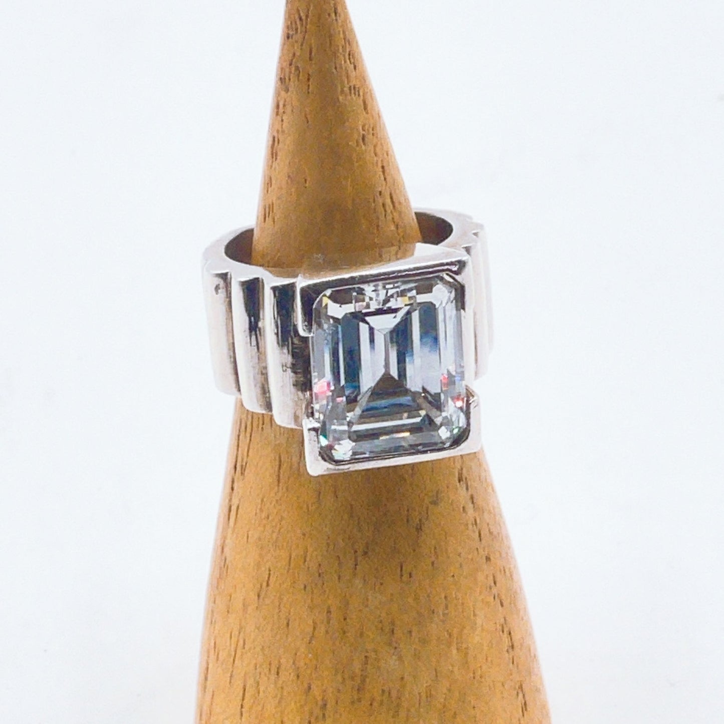 Vintage Sterling Silver Ring With Emerald Cut Clear Stone Size 6