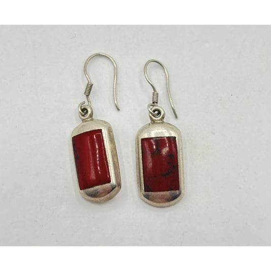 Sterling 925 Silver & Red Stone Drop Earrings