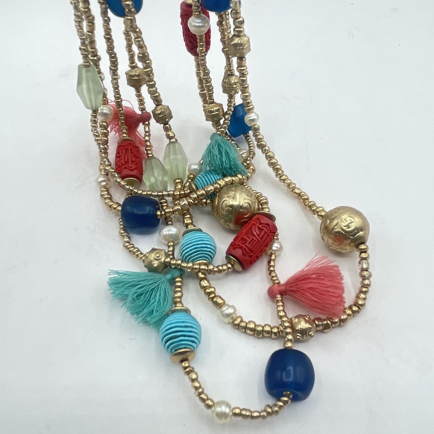 Chico's Colorful Multi-Strand Beaded Necklace With Tassels & Adjustable Gold Chain