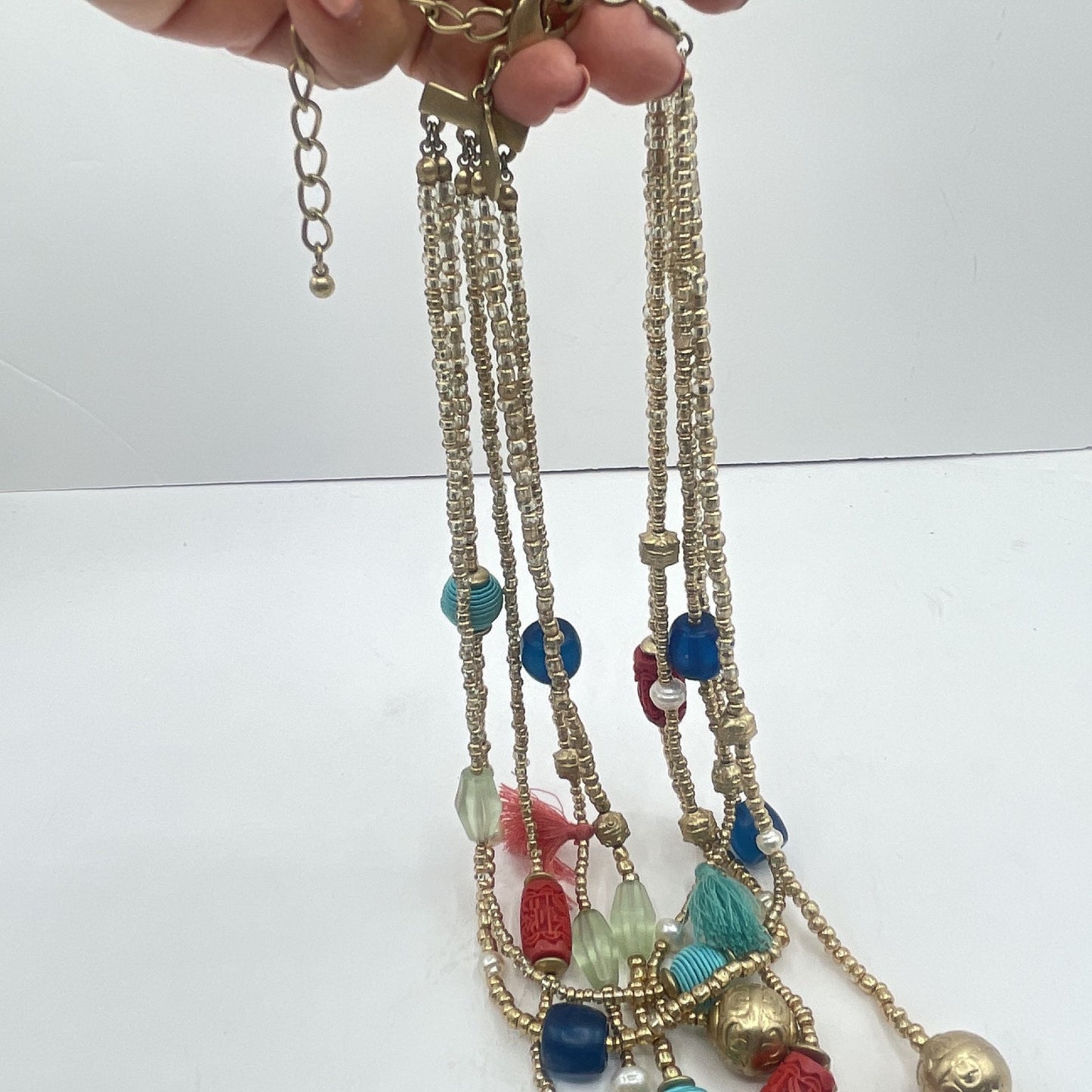 Chico's Colorful Multi-Strand Beaded Necklace With Tassels & Adjustable Gold Chain