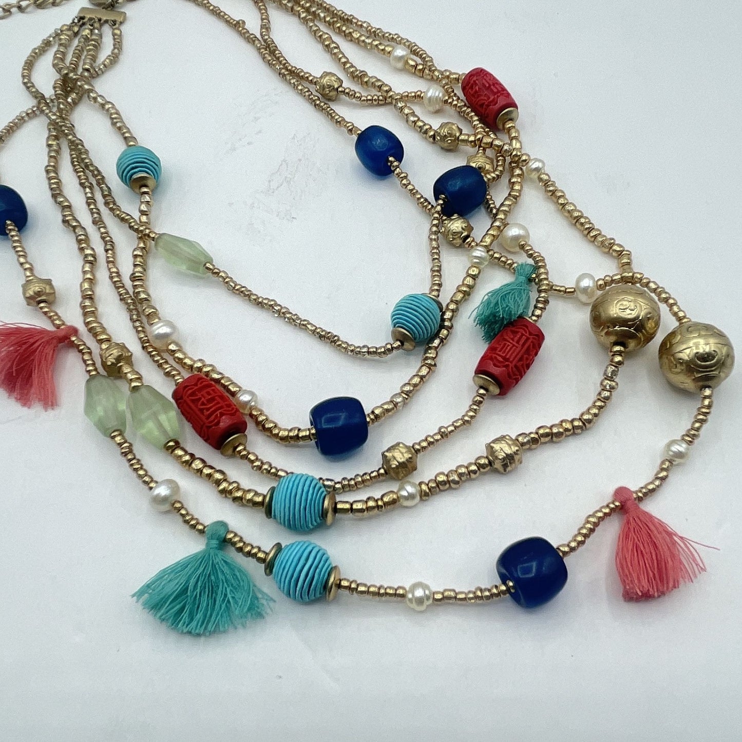 Chico's Colorful Multi-Strand Beaded Necklace With Tassels & Adjustable Gold Chain