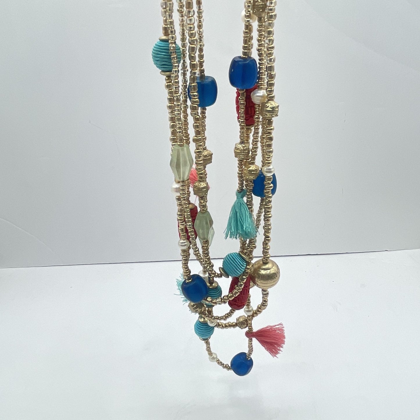 Chico's Colorful Multi-Strand Beaded Necklace With Tassels & Adjustable Gold Chain