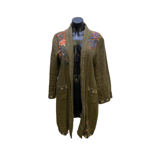Johnny Was Embroidered Open Front Linen Blend Cardi Olive Green L