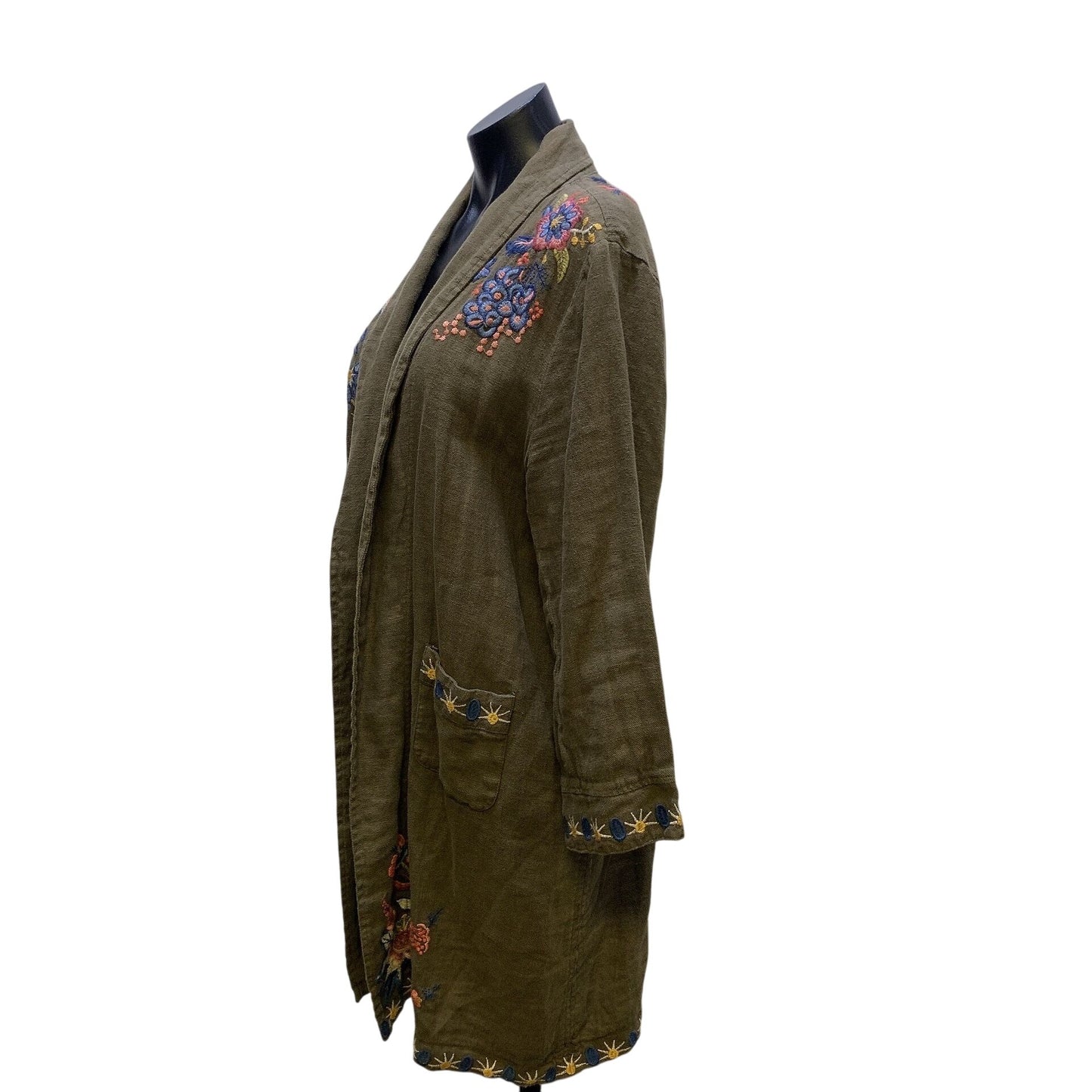 Johnny Was Embroidered Open Front Linen Blend Cardi Olive Green L