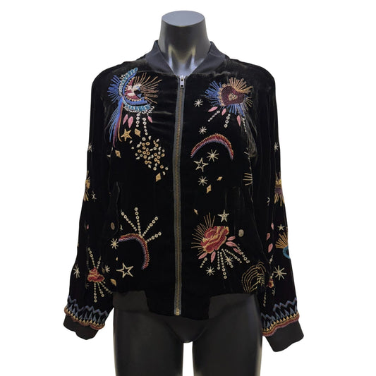 Johnny Was Black Velvet Embroidered Zip Jacket Floral Design Multi-Color S