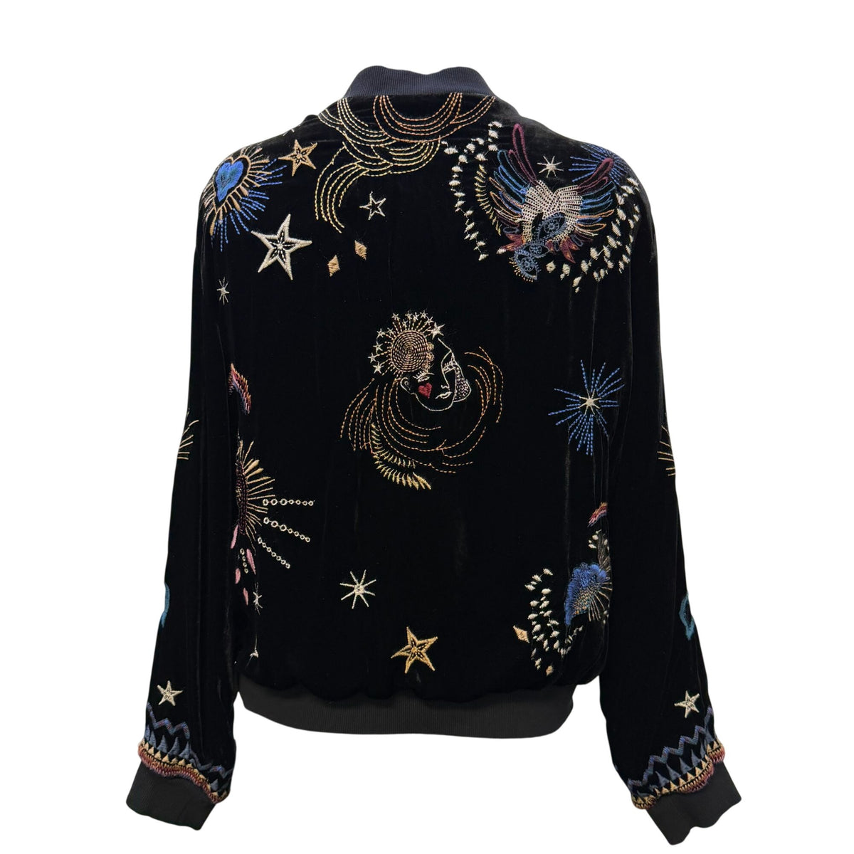 Johnny Was Black Velvet Embroidered Zip Jacket Floral Design Multi-Color S