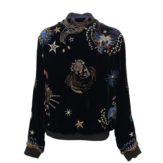 Johnny Was Black Velvet Embroidered Zip Jacket Floral Design Multi-Color S