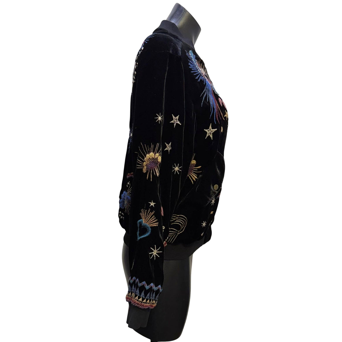Johnny Was Black Velvet Embroidered Zip Jacket Floral Design Multi-Color S