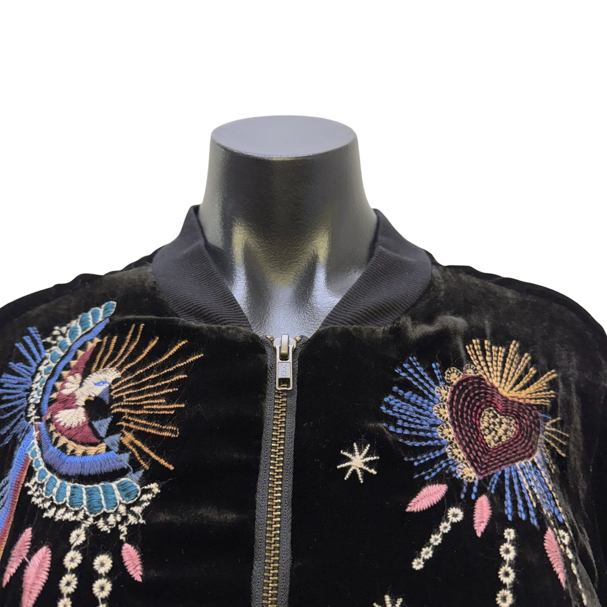 Johnny Was Black Velvet Embroidered Zip Jacket Floral Design Multi-Color S