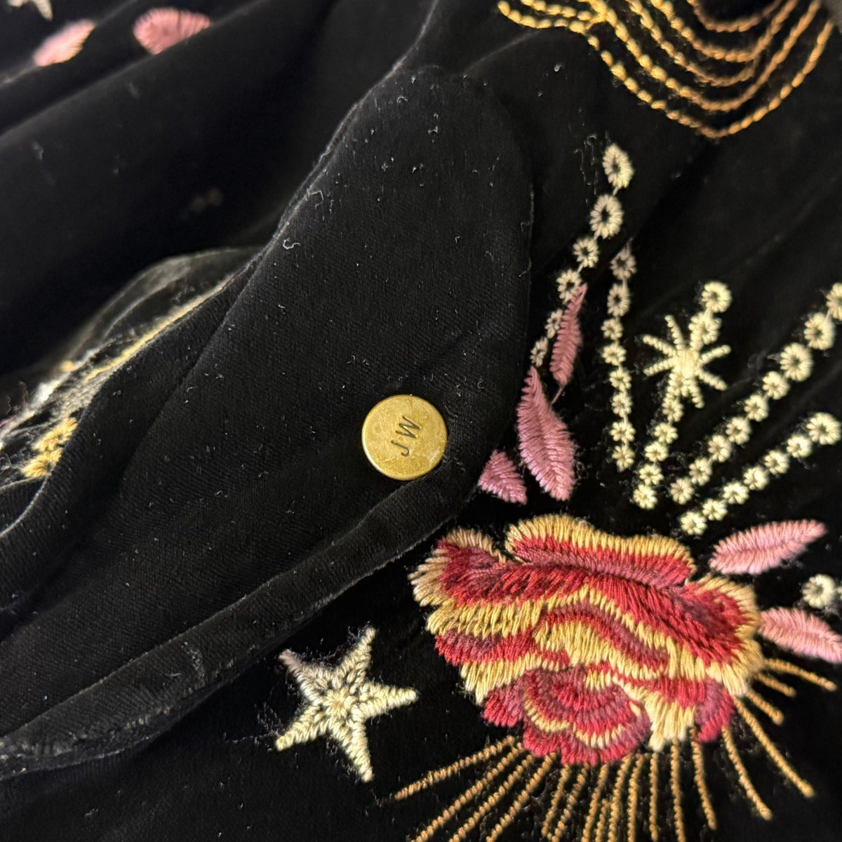 Johnny Was Black Velvet Embroidered Zip Jacket Floral Design Multi-Color S