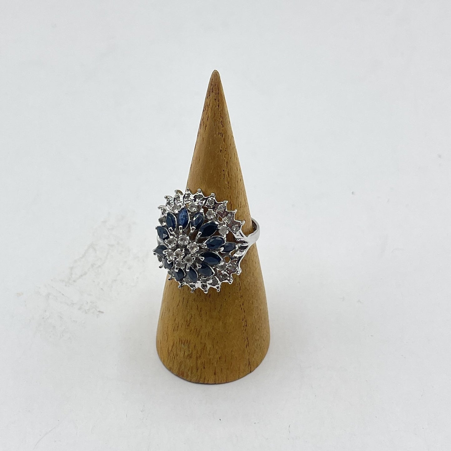 14K White Gold Plated Vintage Sterling Silver & Sapphire Flower Cluster Ring 8.5