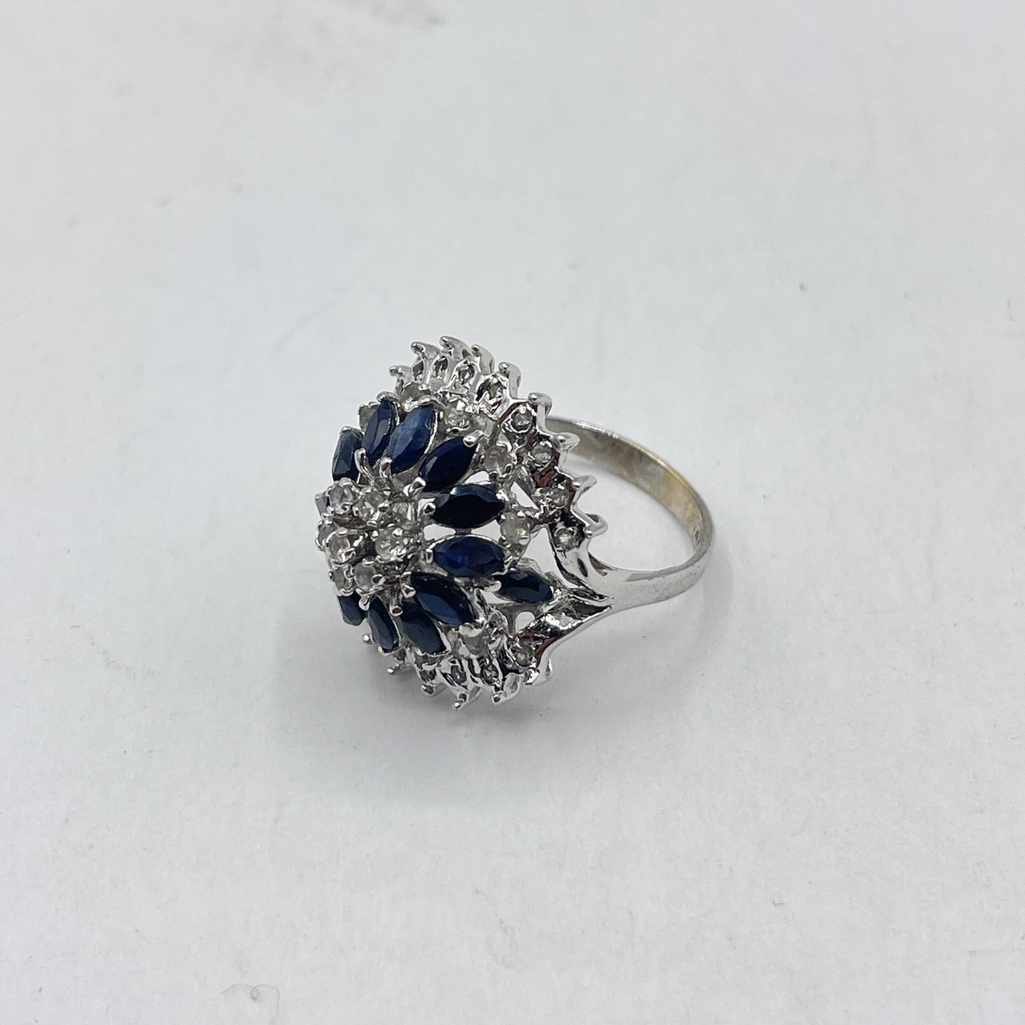 14K White Gold Plated Vintage Sterling Silver & Sapphire Flower Cluster Ring 8.5