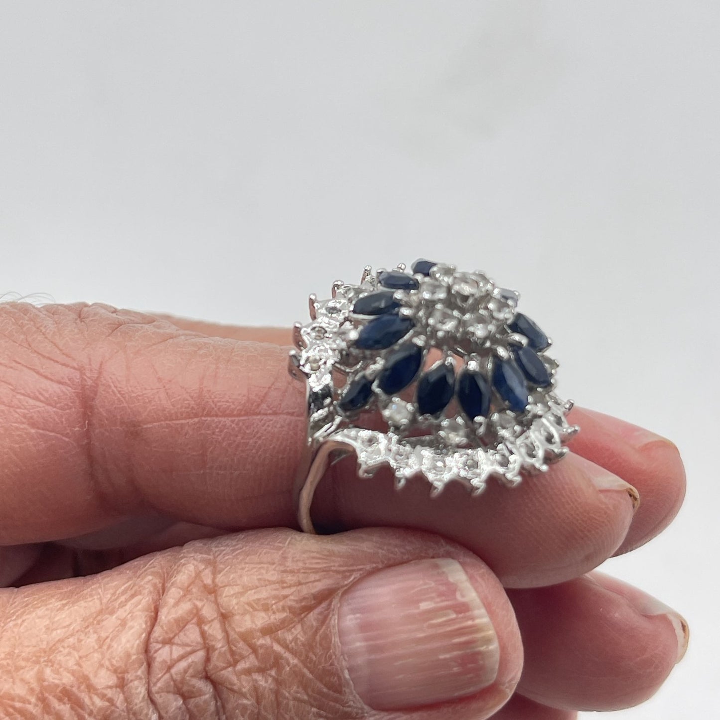 14K White Gold Plated Vintage Sterling Silver & Sapphire Flower Cluster Ring 8.5