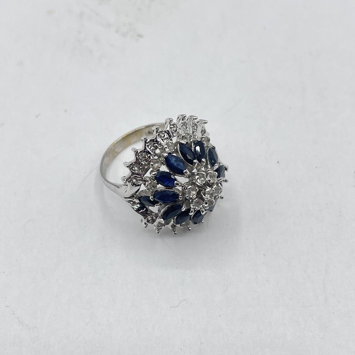 14K White Gold Plated Vintage Sterling Silver & Sapphire Flower Cluster Ring 8.5