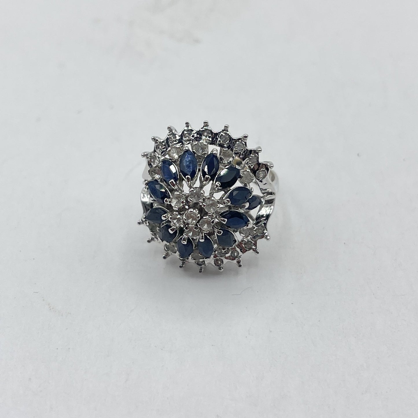 14K White Gold Plated Vintage Sterling Silver & Sapphire Flower Cluster Ring 8.5