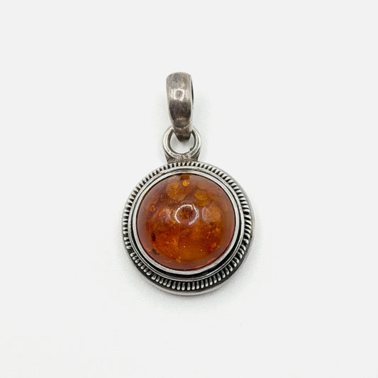 925 Sterling Silver Amber Pendant With Round Cabochon Gemstone
