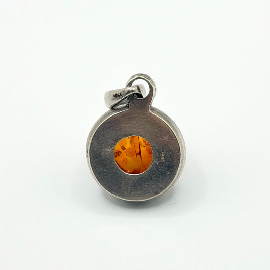 925 Sterling Silver Amber Pendant With Round Cabochon Gemstone