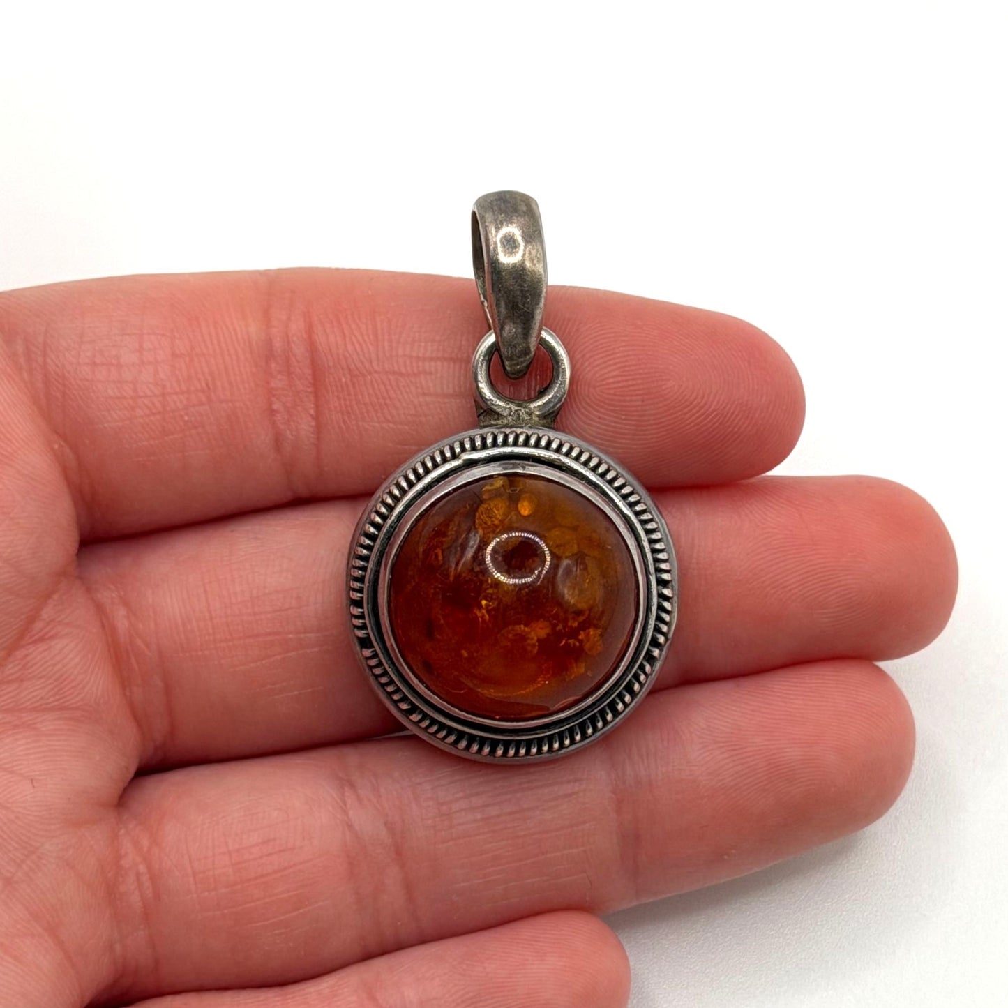 925 Sterling Silver Amber Pendant With Round Cabochon Gemstone