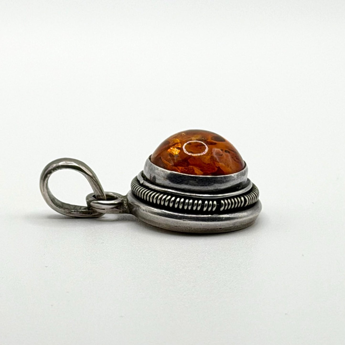 925 Sterling Silver Amber Pendant With Round Cabochon Gemstone