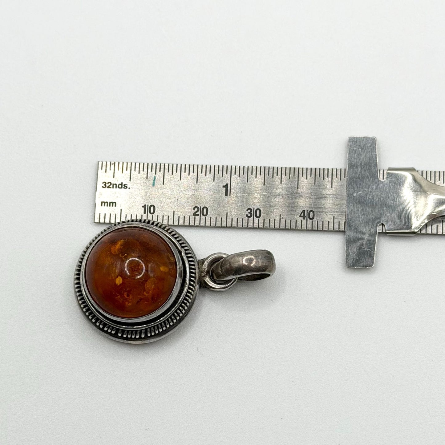 925 Sterling Silver Amber Pendant With Round Cabochon Gemstone