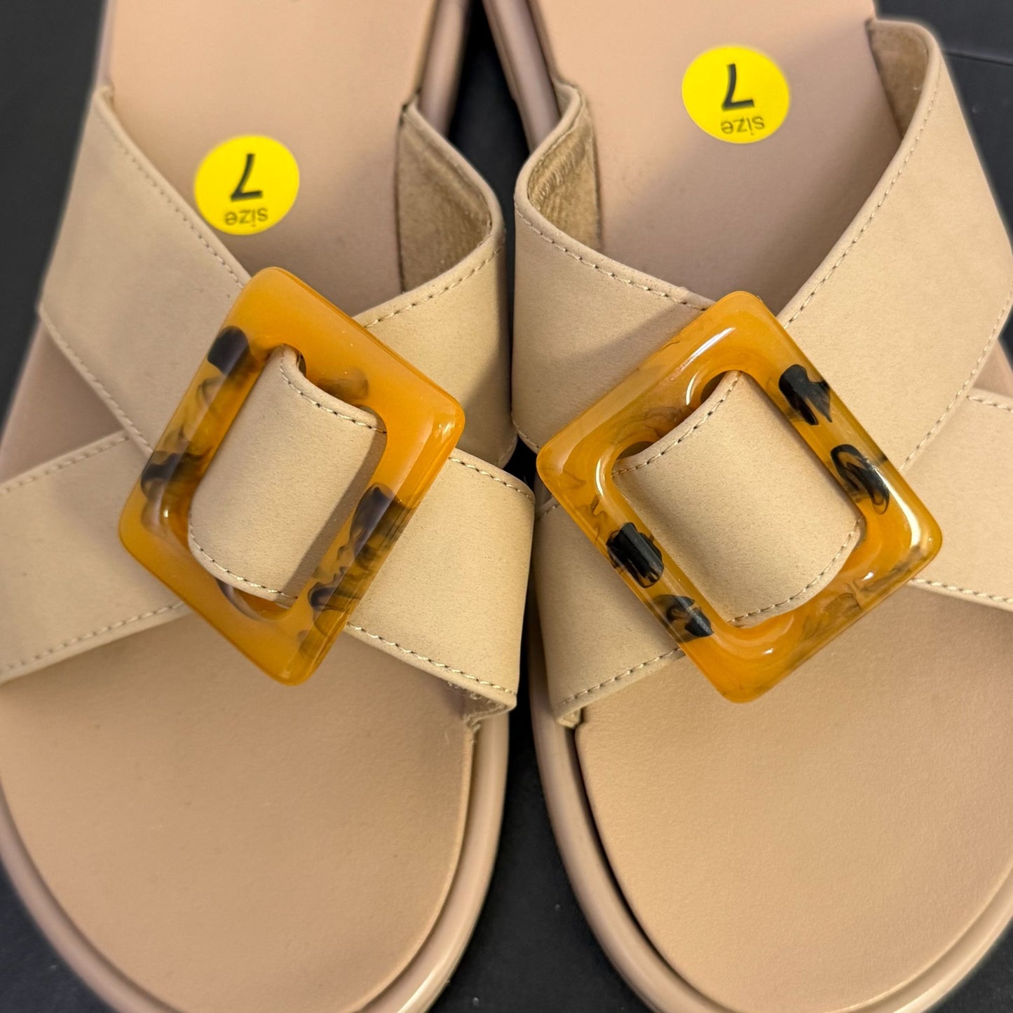 Olukai Beige Sandals With Yellow Buckle Accents Size 7