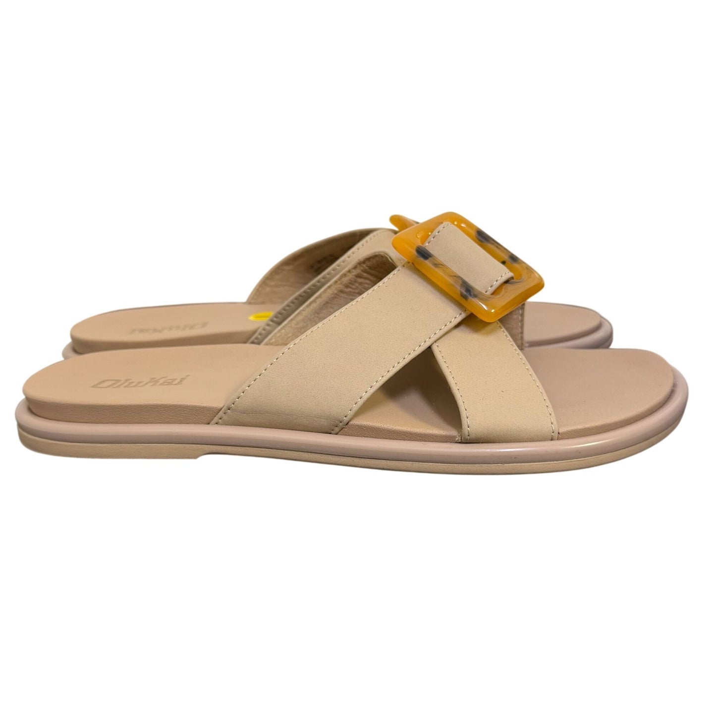 Olukai Beige Sandals With Yellow Buckle Accents Size 7