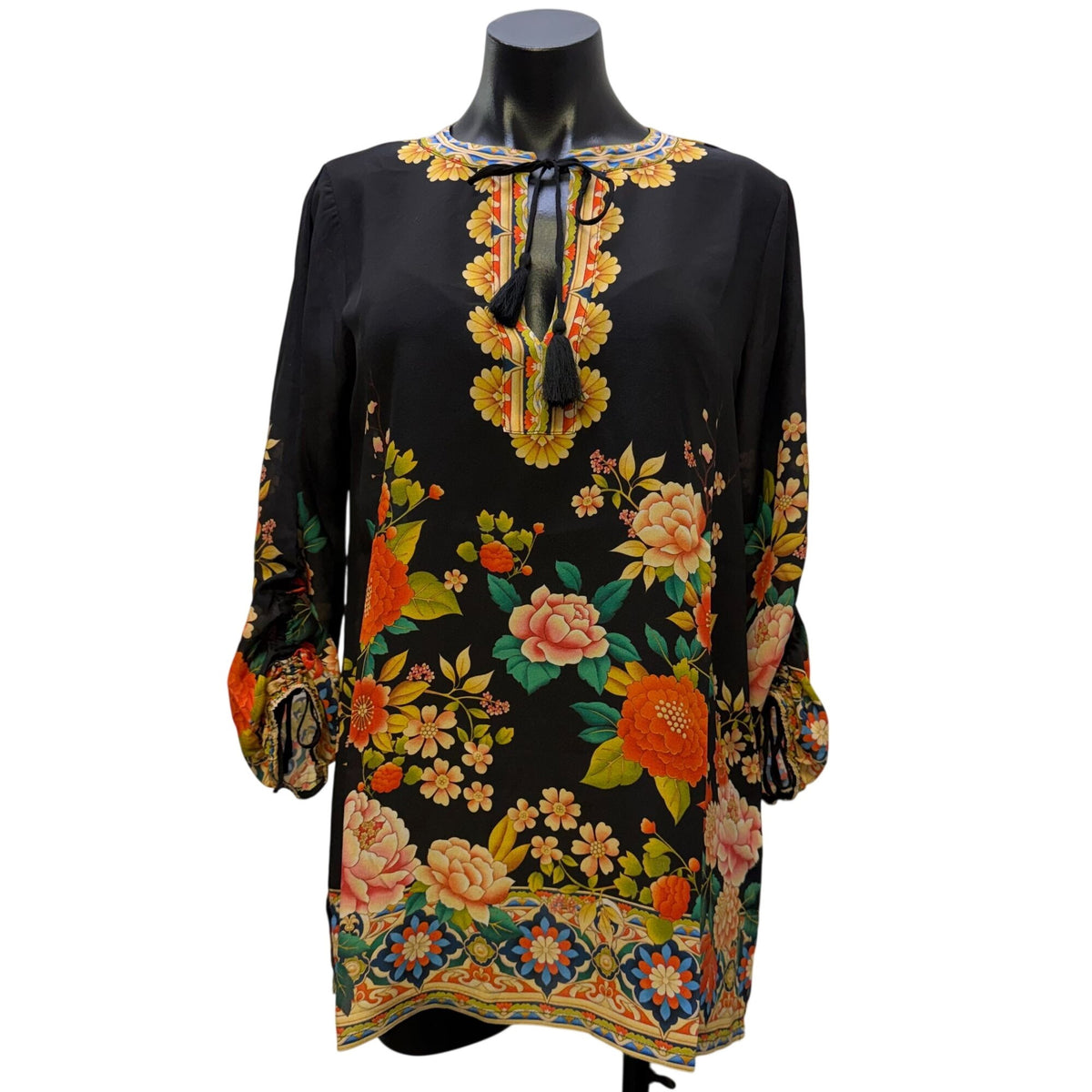 Johnny Was Blouse Black Silk Floral & Dragon Print XS