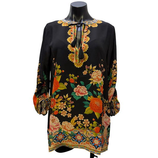 Johnny Was Blouse Black Silk Floral & Dragon Print XS