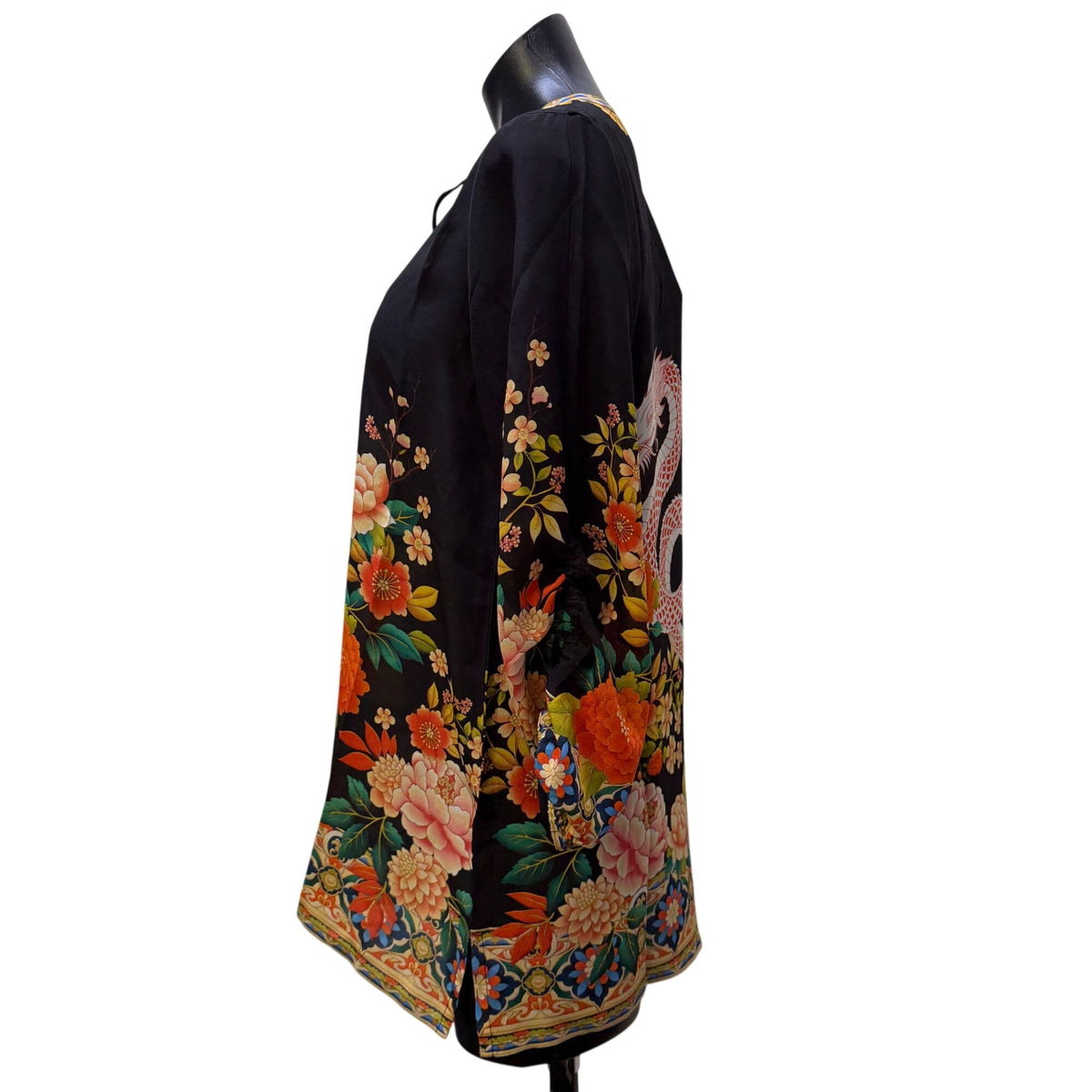 Johnny Was Blouse Black Silk Floral & Dragon Print XS