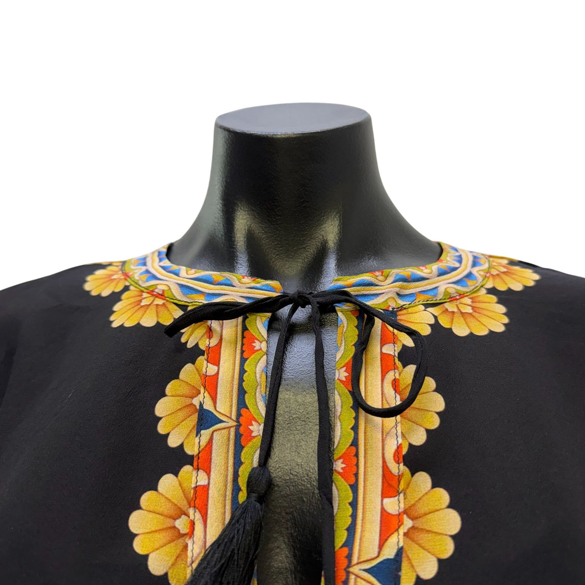 Johnny Was Blouse Black Silk Floral & Dragon Print XS