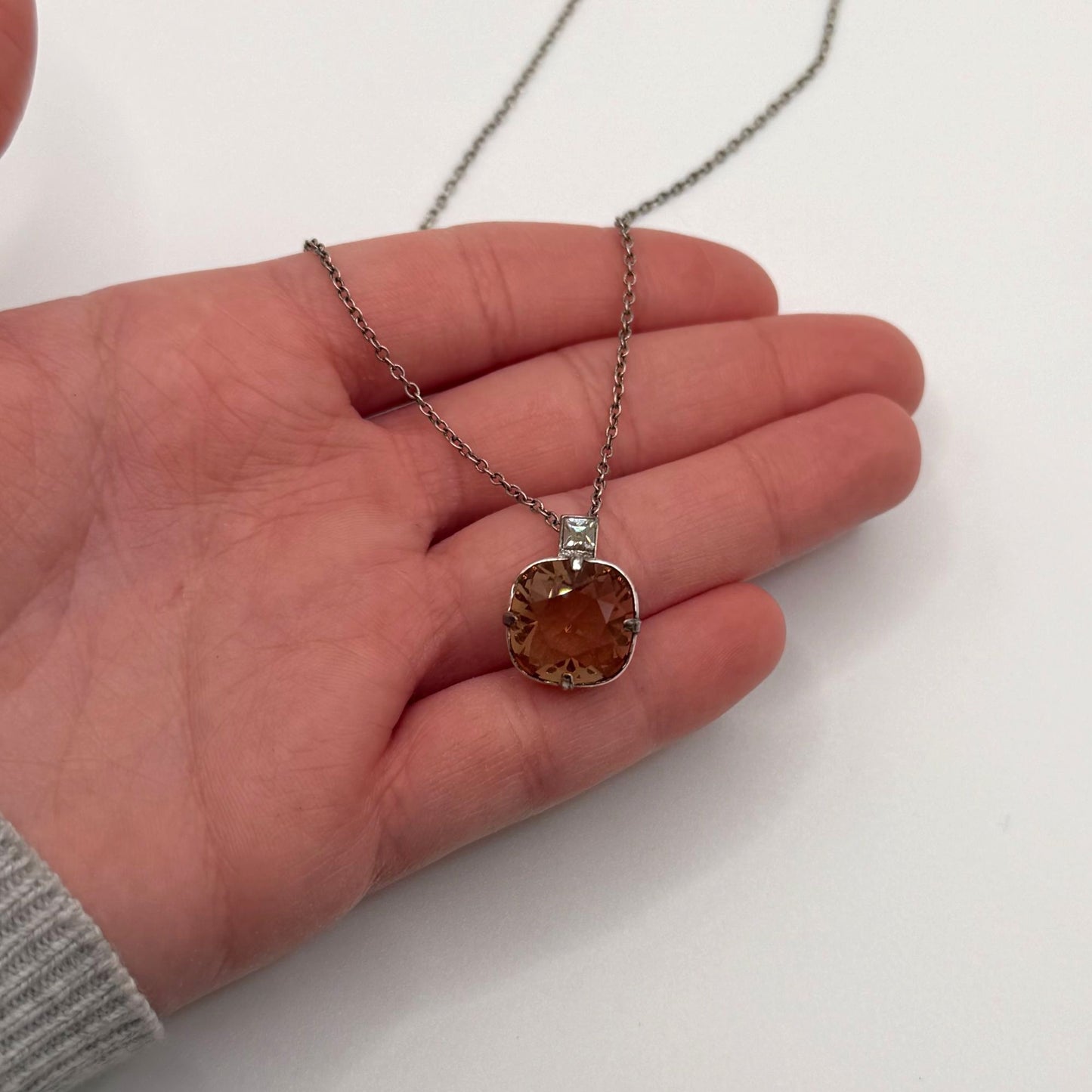 Brighton Silver Necklace With Square Pendant Featuring Amber-Colored Stone