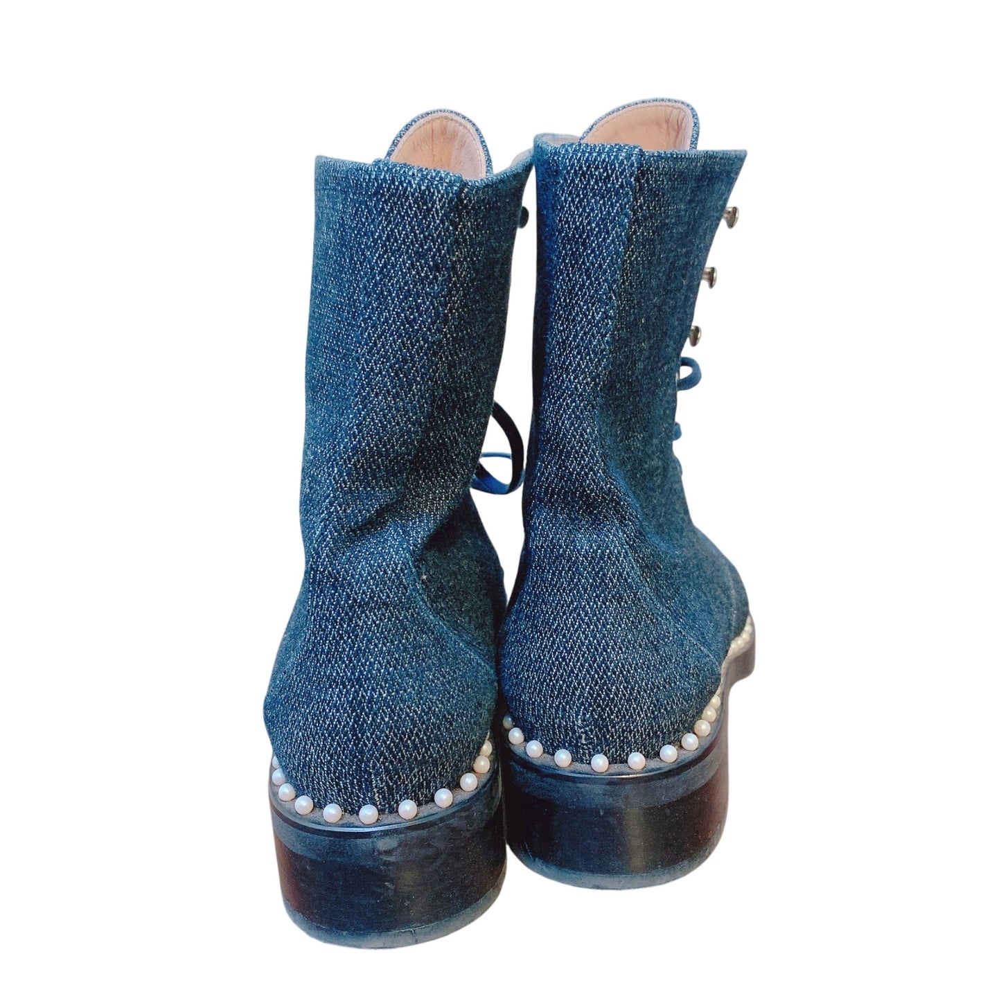 Stuart Weitzman Denim Print Lace-Up Ankle Boots With Pearl Studded Trim 8