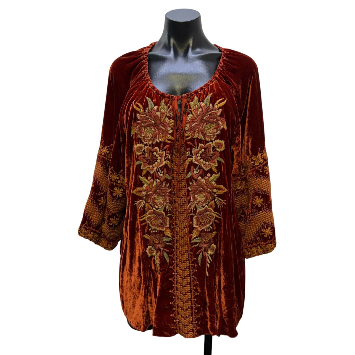 Johnny Was Velvet Embroidered Tunic Top Orange Floral L