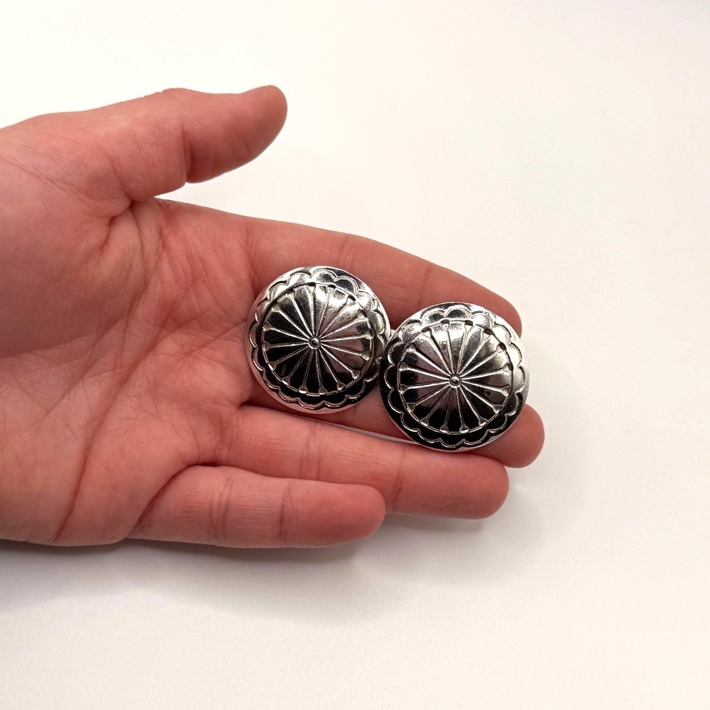 Vintage Sterling Silver Sunburst Disc Stud Earrings