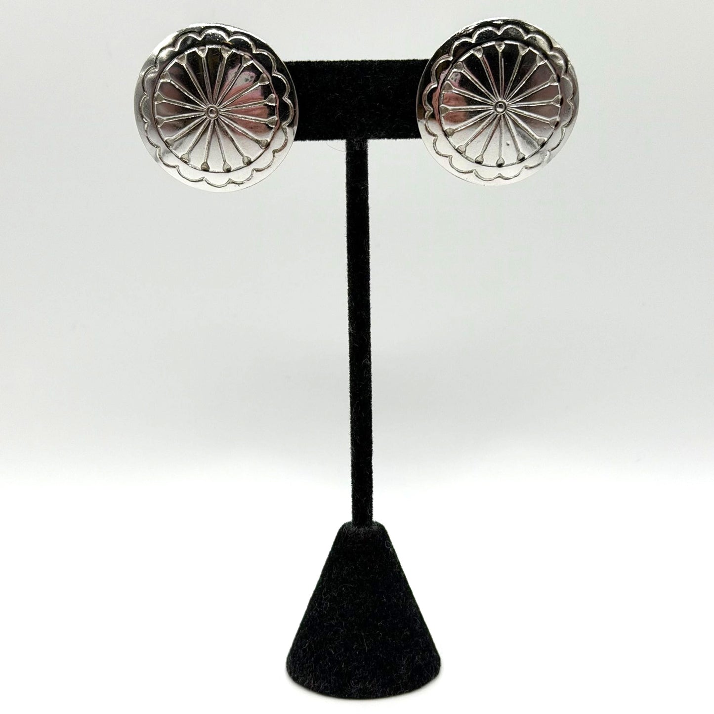 Vintage Sterling Silver Sunburst Disc Stud Earrings