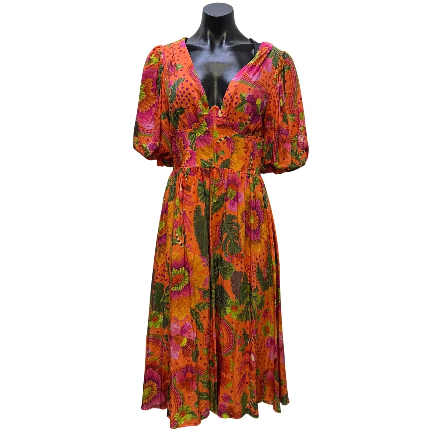 Farm Rio Orange Midi Dress Floral Pattern V-Neckline Puff Sleeves Open Back M
