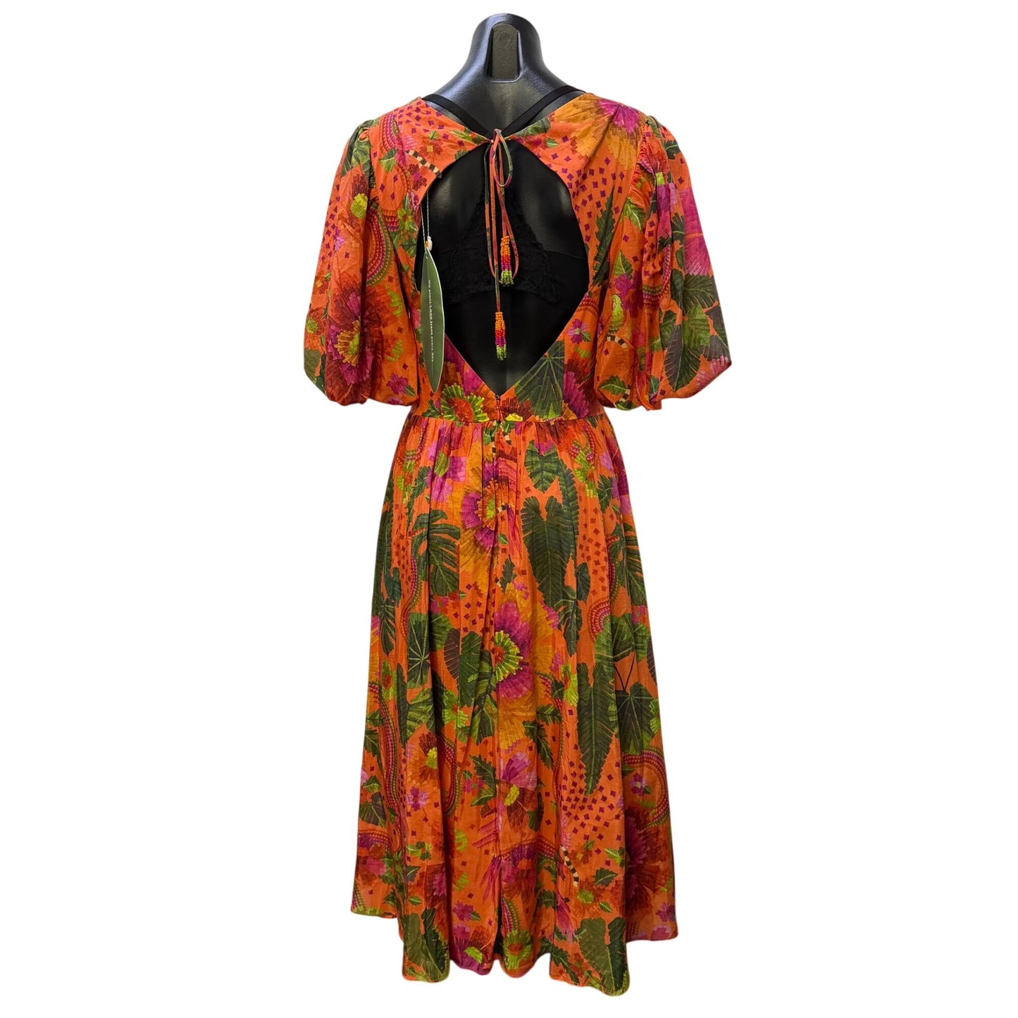 Farm Rio Orange Midi Dress Floral Pattern V-Neckline Puff Sleeves Open Back M
