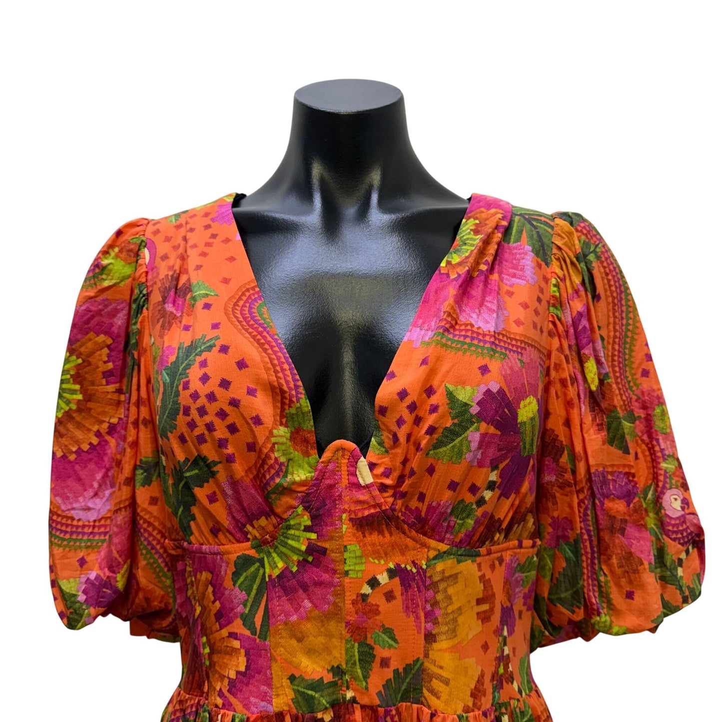 Farm Rio Orange Midi Dress Floral Pattern V-Neckline Puff Sleeves Open Back M
