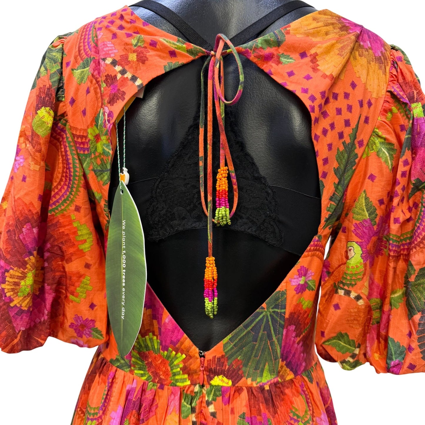 Farm Rio Orange Midi Dress Floral Pattern V-Neckline Puff Sleeves Open Back M