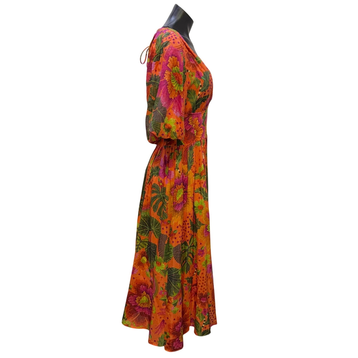 Farm Rio Orange Midi Dress Floral Pattern V-Neckline Puff Sleeves Open Back M