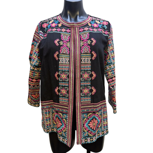 Savanna Jane Black w/Mutli-colored Embroidery Open Front Jacket Size S