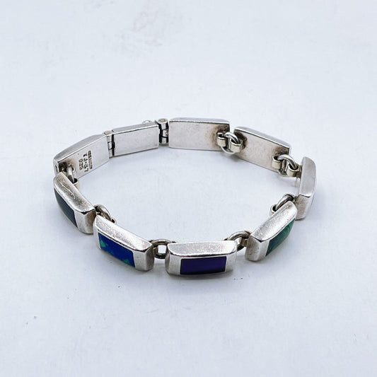 925 Sterling Silver Multicolor Stone Blue Green Purple Link Bracelet