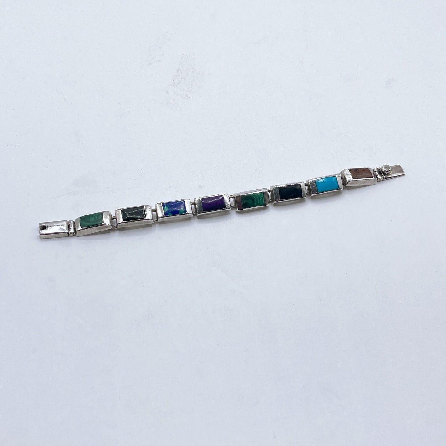 925 Sterling Silver Multicolor Stone Blue Green Purple Link Bracelet