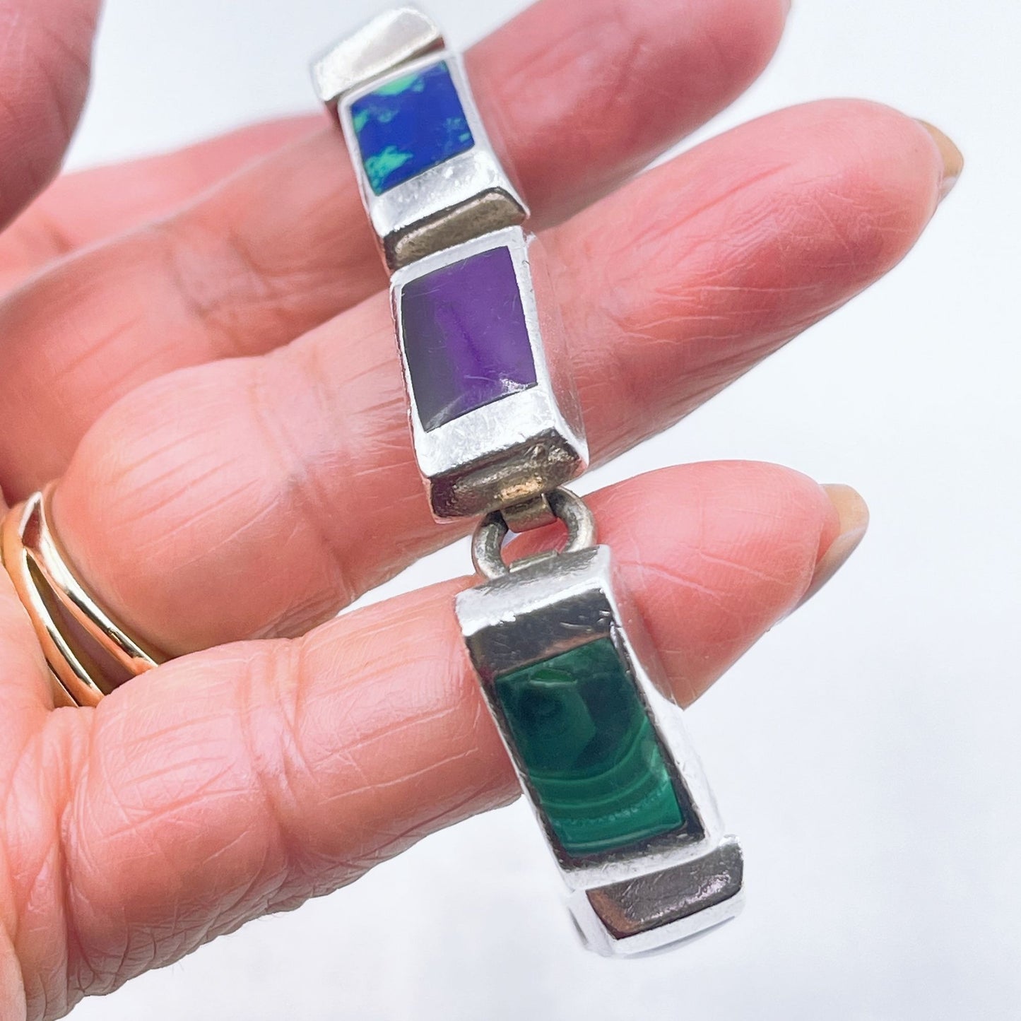 925 Sterling Silver Multicolor Stone Blue Green Purple Link Bracelet