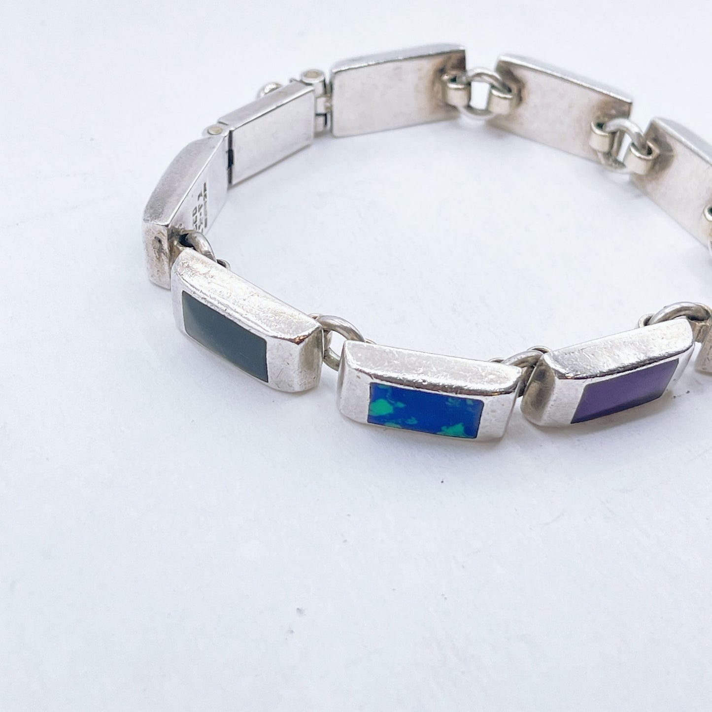 925 Sterling Silver Multicolor Stone Blue Green Purple Link Bracelet