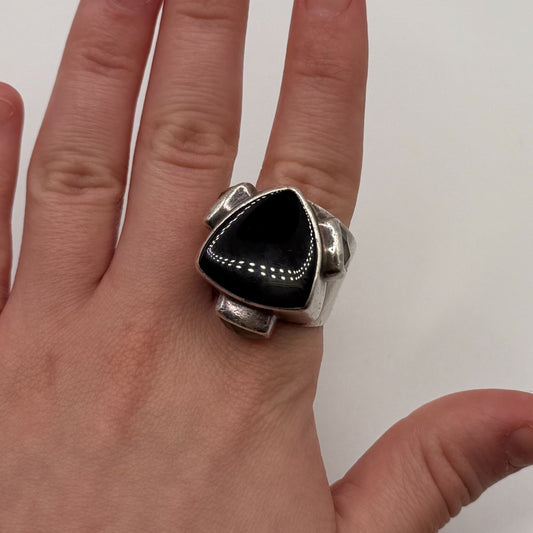 Sterling Silver 925 Ring With Black Onyx & Clear Crystals Size 8.5