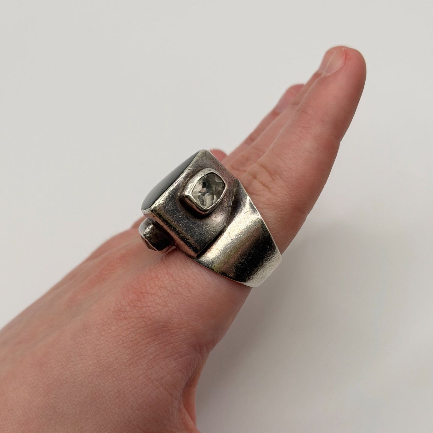 Sterling Silver 925 Ring With Black Onyx & Clear Crystals Size 8.5