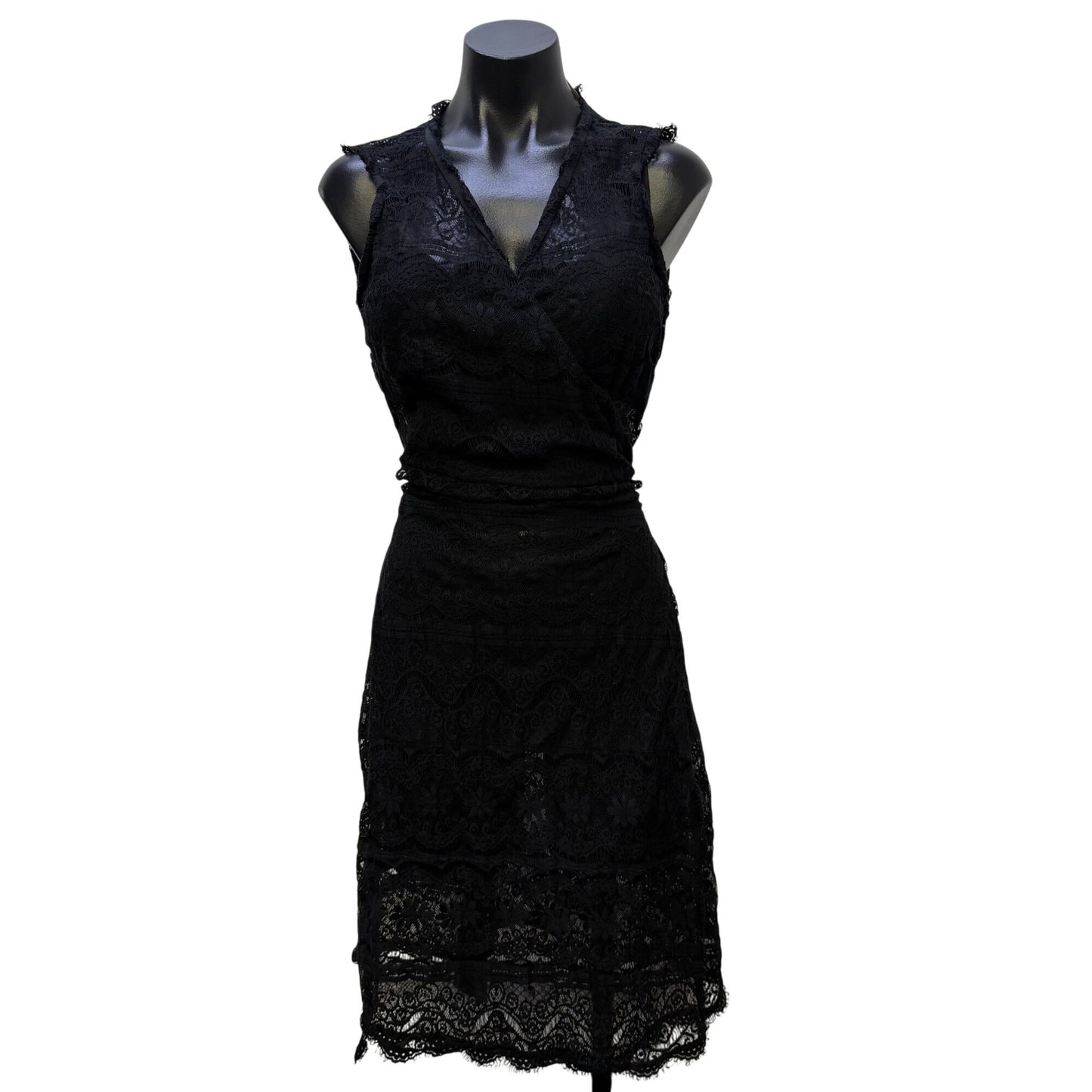Hale Bob Black Lace Sleeveless Wrap Dress With Tie Back L