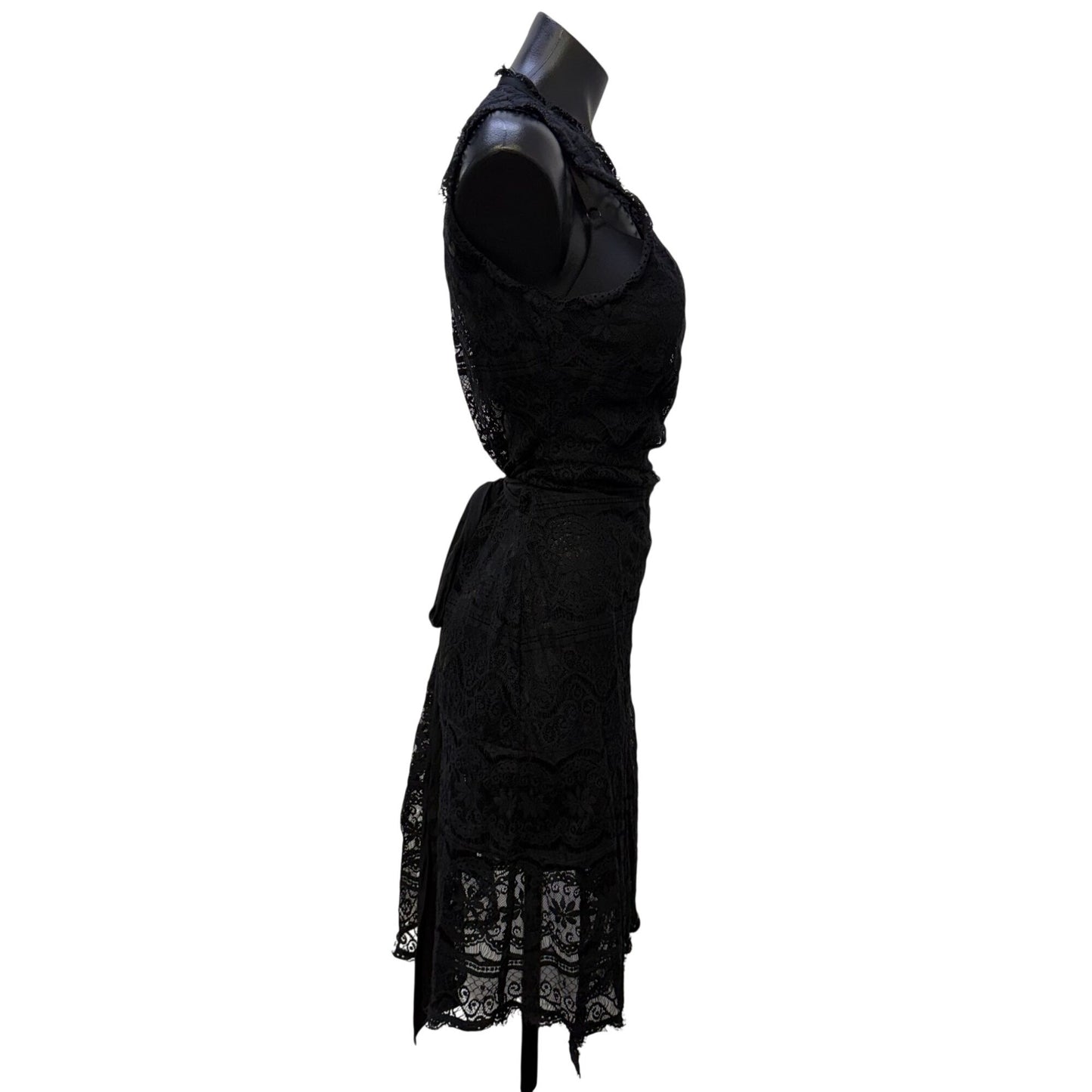 Hale Bob Black Lace Sleeveless Wrap Dress With Tie Back L